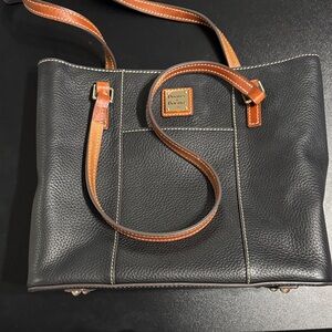 Dooney & Bourke Black Pebbled Leather Tote with Brown Trim